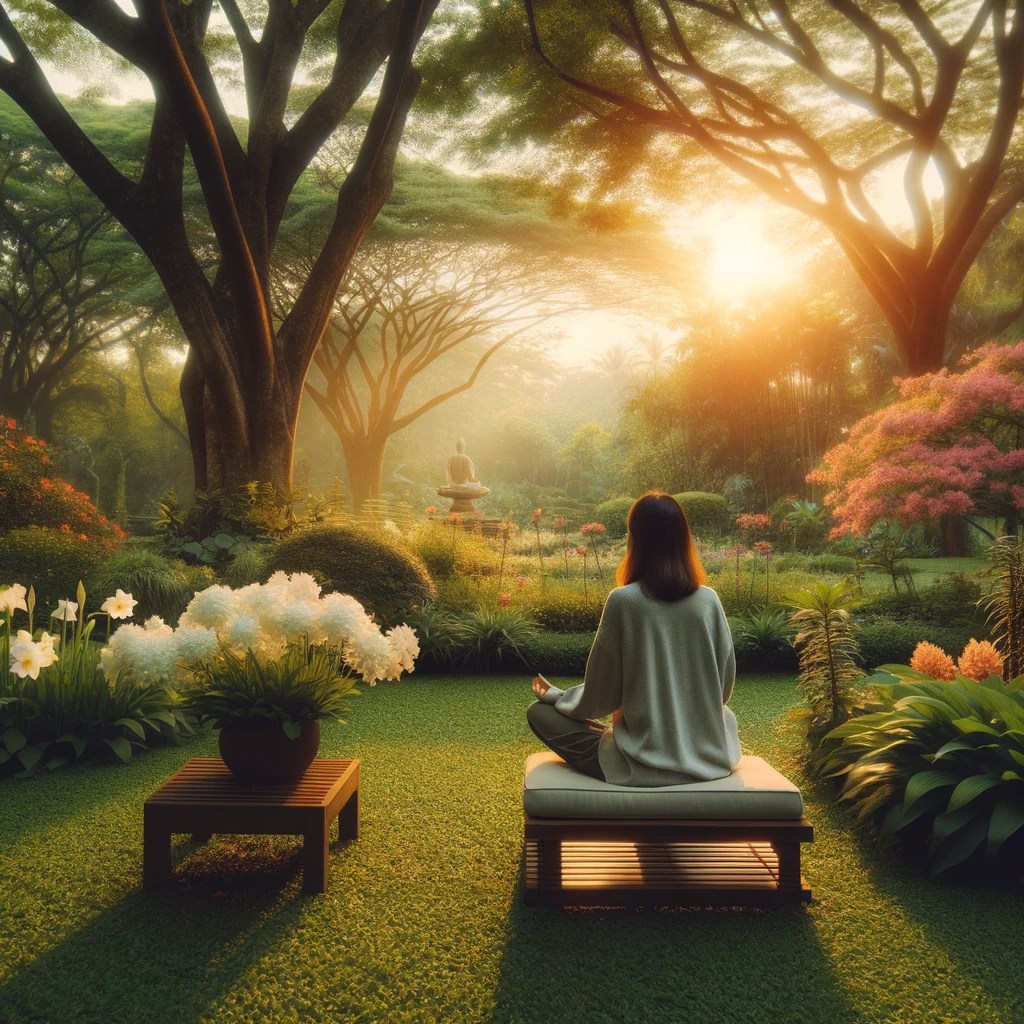Illustration of a person sitting quietly in a green garden